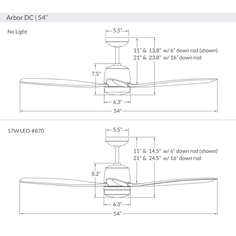 The dimensions for the Arbor DC LED - 54" ceiling fan by Modern Fan Co.
