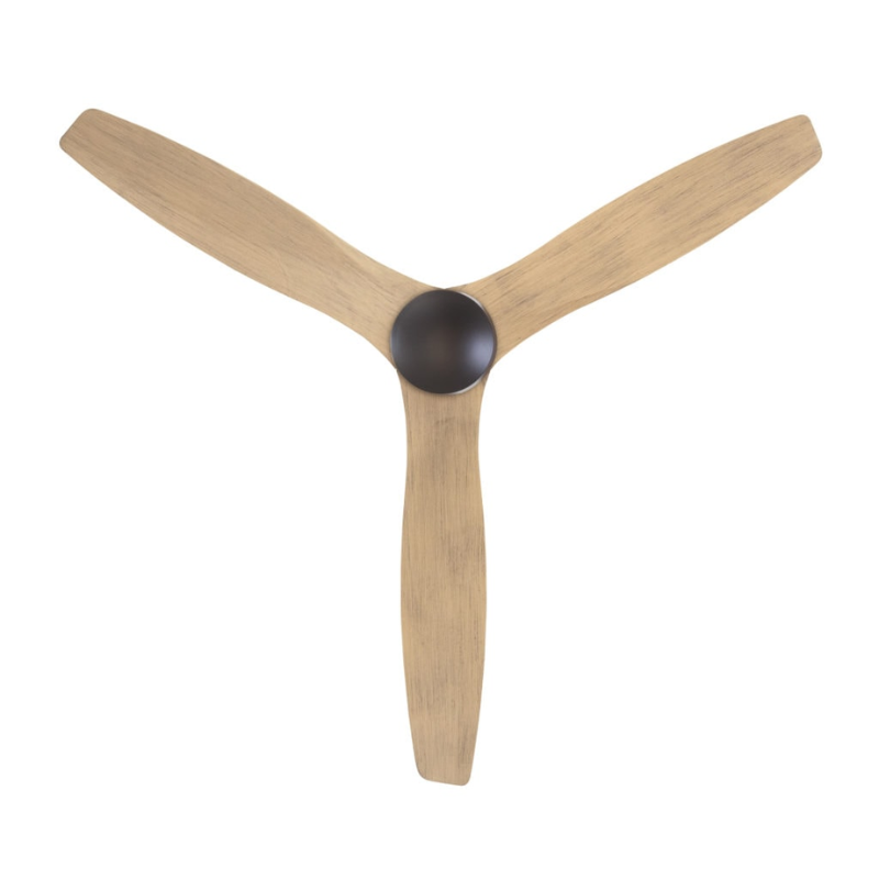 The Arbor Flush DC - 54" ceiling fan from The Modern Fan Co. with the dark bronze body and maple blades in a shot taken from below the fan.