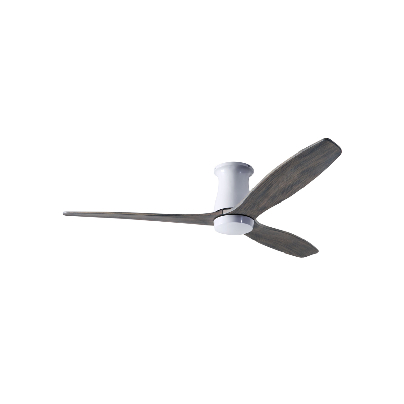 The Arbor Flush DC - 54" ceiling fan from The Modern Fan Co. with the gloss white body and graywash blades.