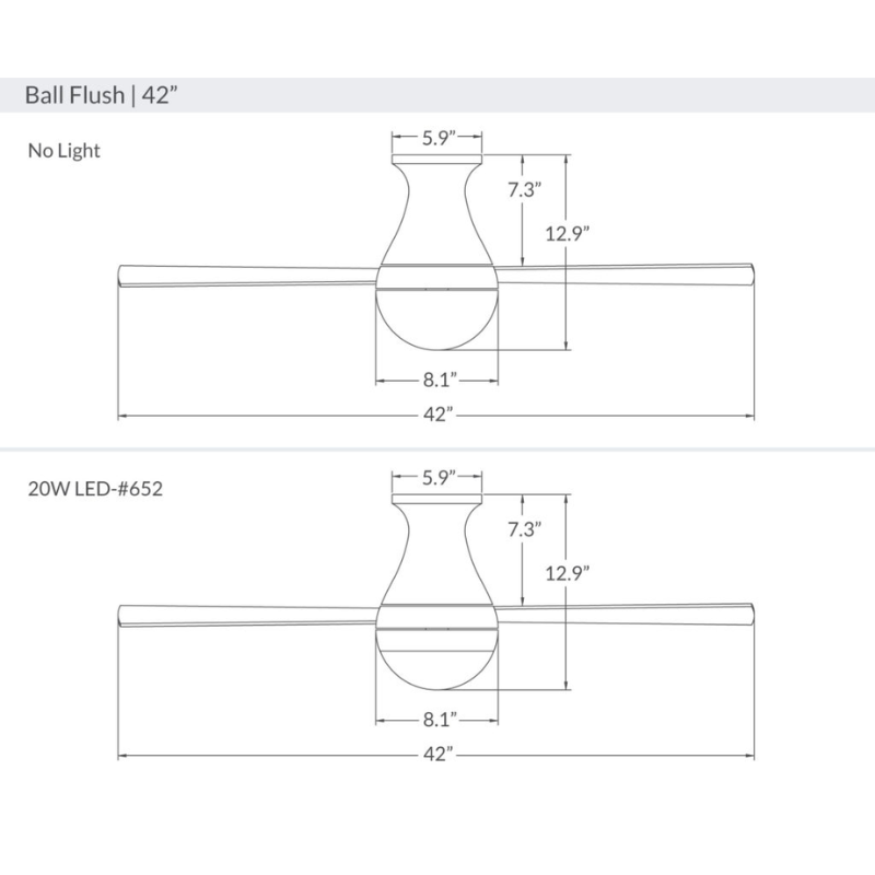 The dimensions for the Ball Flush ceiling fan from the Modern Fan Co. 