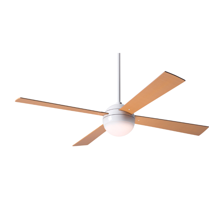 From Modern Fan Co. the Ball LED - 52" with the gloss white body and maple blades.