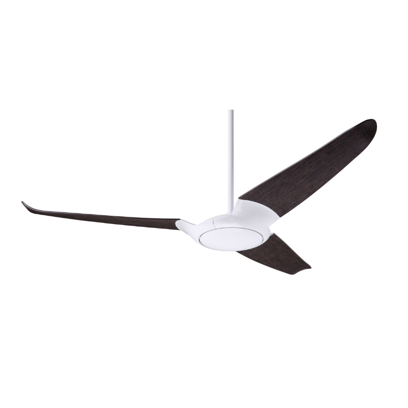 Made out of die cast aluminum with injection-molded ABS blades this is the IC/Air3 DC - 56″ from the Modern Fan Co. This photograph shows the gloss white body and ebony blade options.