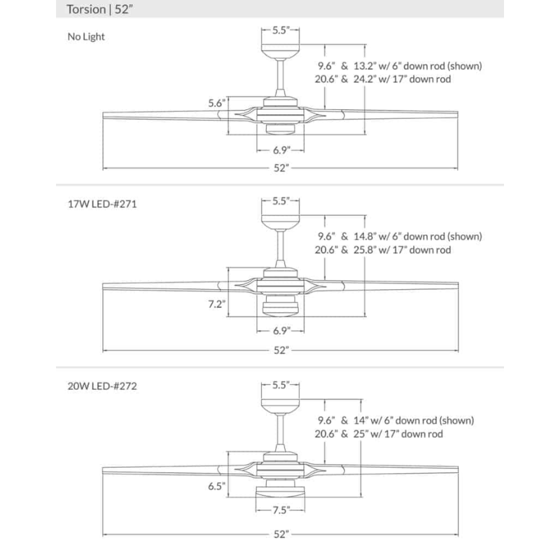 The dimensions for the Torsion 17W LED - 52" ceiling fan from The Modern Fan Co.
