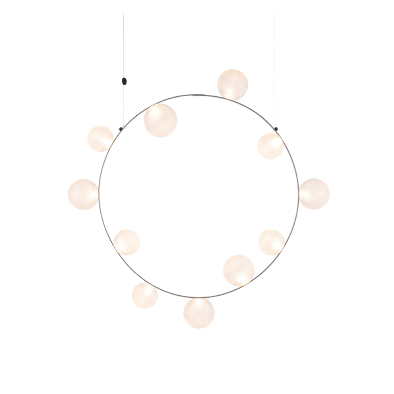 Hubble Bubble, designed by Marcel Wanders, is an airy and joyful suspension lamp. Available in two sizes, with either 7 or 11 glass LED bubbles in oil-iridescent or frosted versions. Hubble Bubble can be hung both horizontally and vertically and is powered through Electrosandwich® by Marcel Wanders. Hubble Bubble is the cheery statement piece in your home that can hang from any angle.