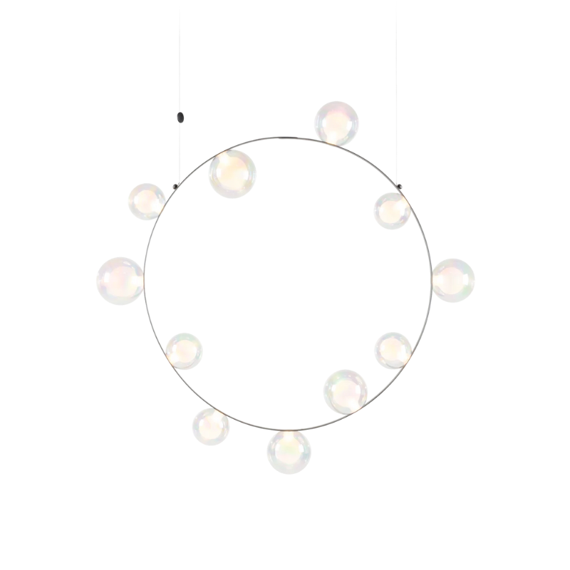 Hubble Bubble, designed by Marcel Wanders, is an airy and joyful suspension lamp. Available in two sizes, with either 7 or 11 glass LED bubbles in oil-iridescent or frosted versions. Hubble Bubble can be hung both horizontally and vertically and is powered through Electrosandwich® by Marcel Wanders. Hubble Bubble is the cheery statement piece in your home that can hang from any angle.