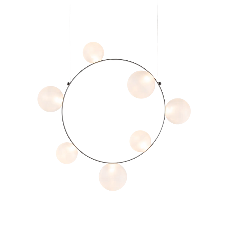 Hubble Bubble, designed by Marcel Wanders, is an airy and joyful suspension lamp. Available in two sizes, with either 7 or 11 glass LED bubbles in oil-iridescent or frosted versions. Hubble Bubble can be hung both horizontally and vertically and is powered through Electrosandwich® by Marcel Wanders. Hubble Bubble is the cheery statement piece in your home that can hang from any angle.