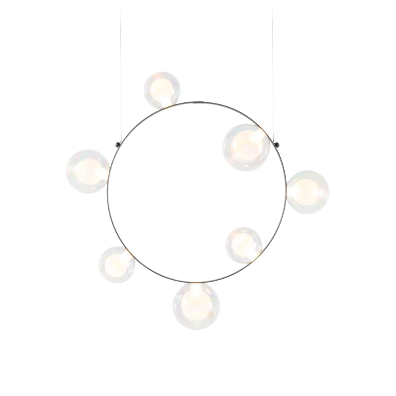 Hubble Bubble, designed by Marcel Wanders, is an airy and joyful suspension lamp. Available in two sizes, with either 7 or 11 glass LED bubbles in oil-iridescent or frosted versions. Hubble Bubble can be hung both horizontally and vertically and is powered through Electrosandwich® by Marcel Wanders. Hubble Bubble is the cheery statement piece in your home that can hang from any angle.