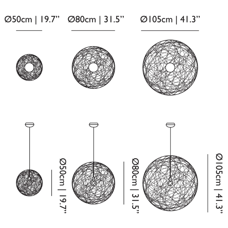 The dimensions of all three sizes of the Moooi Random II Pendant light (Small, Medium and Large).