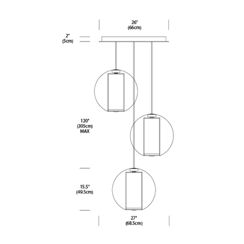 The dimensions of the Bel Occhio Chandelier 3 from Pablo Designs.