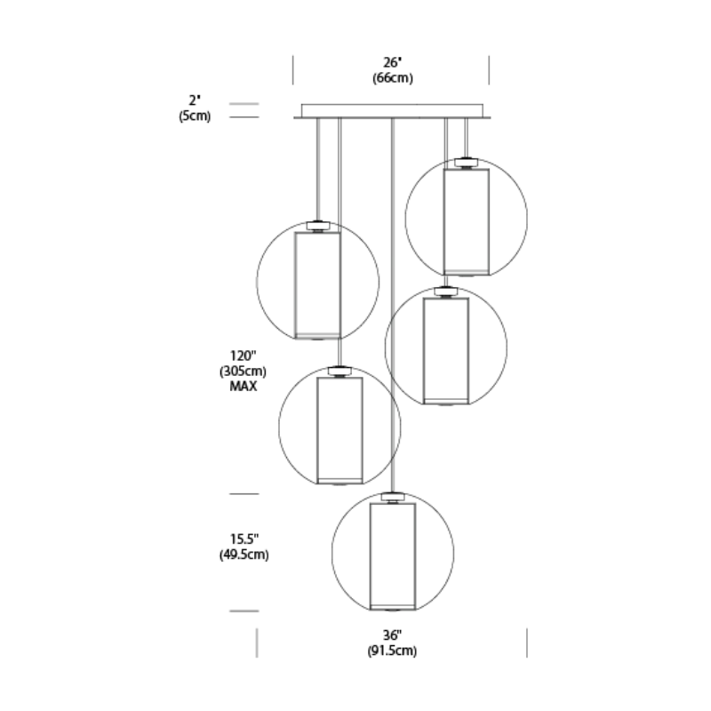 The dimensions of the Bel Occhio Chandelier 5 from Pablo Designs.