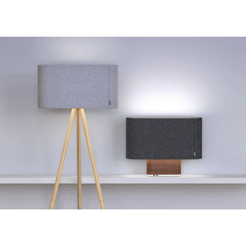 The Belmont Floor in Silverdale and Oak next to the Belmont Table in Charcoal and Walnut, both by Pablo Designs.