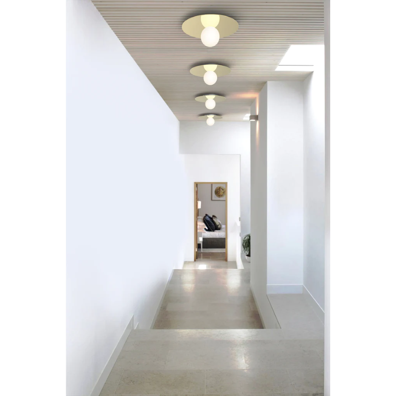 The Bola Disc Flush from Pablo Designs mounted to the ceiling.