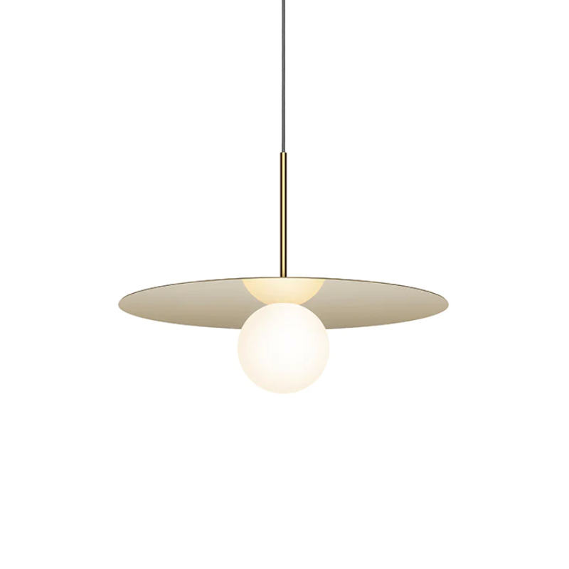 This is a photograph of the 18 inch Bola Disc Pendant from Pablo Designs in brass.