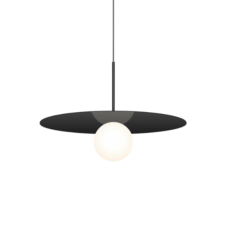 This is a photograph of the 22 inch Bola Disc Pendant from Pablo Designs in matte black.