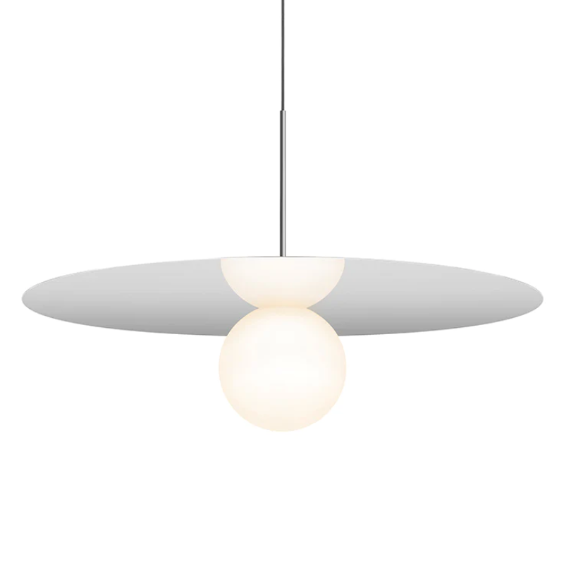 This is a photograph of the 32 inch Bola Disc Pendant from Pablo Designs in chrome.