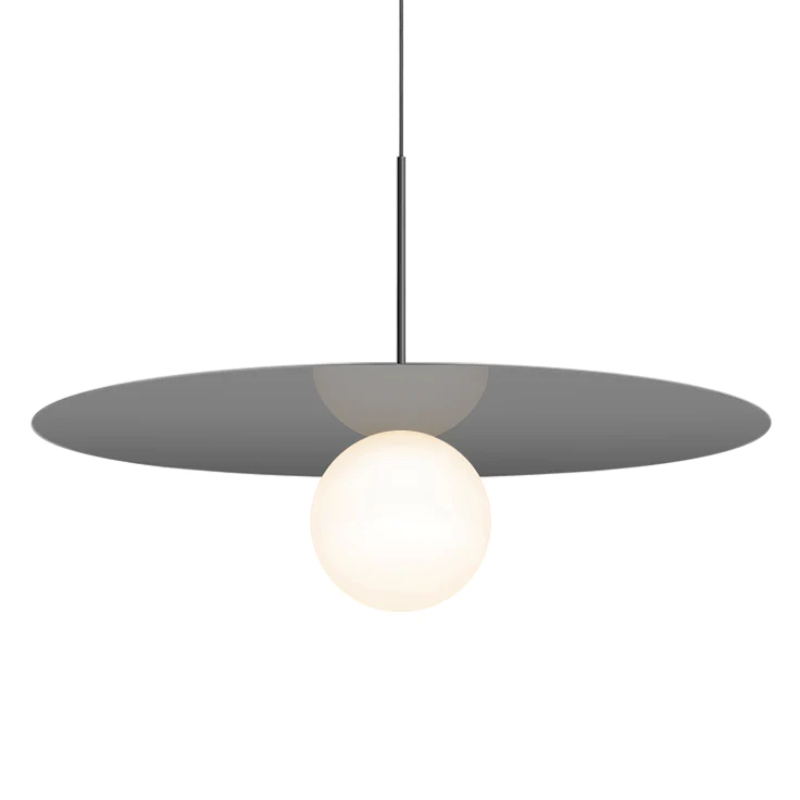 This is a photograph of the 32 inch Bola Disc Pendant from Pablo Designs in gun metal.