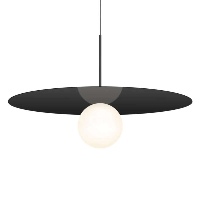 This is a photograph of the 32 inch Bola Disc Pendant from Pablo Designs in matte black.