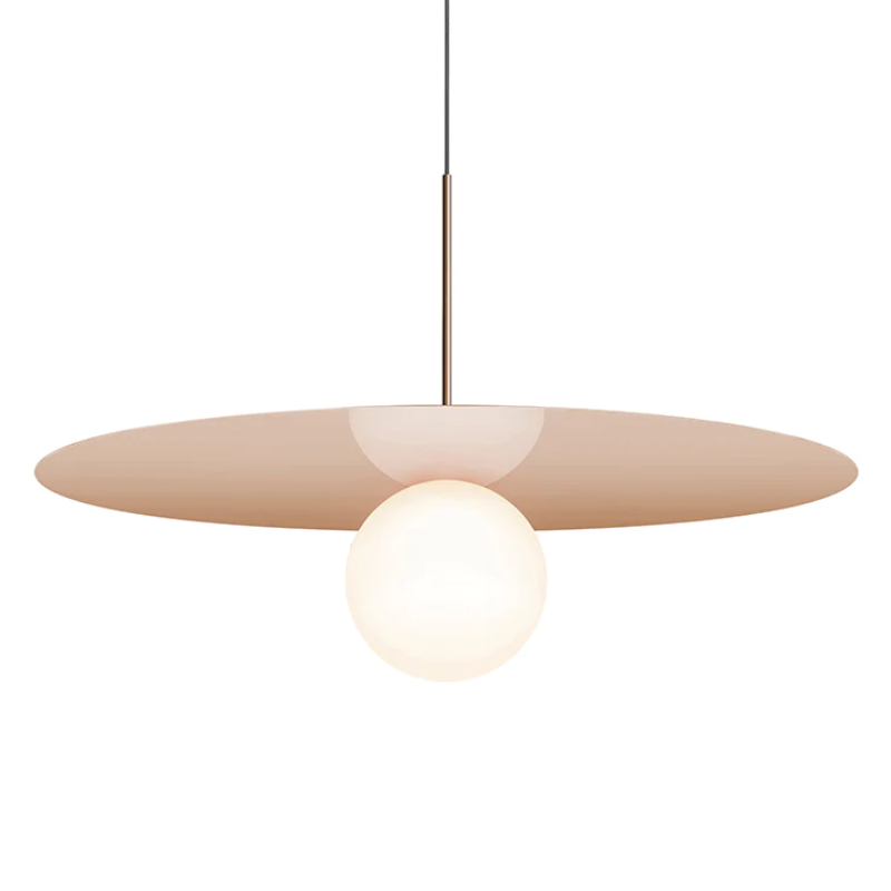 This is a photograph of the 32 inch Bola Disc Pendant from Pablo Designs in rose gold.