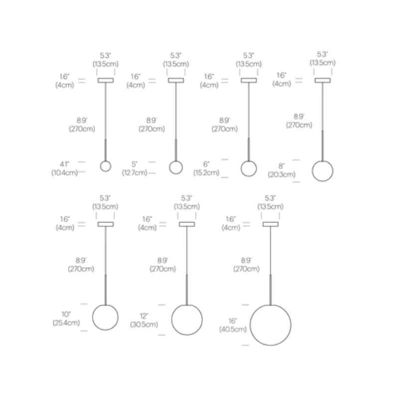The dimensions of the Bola Sphere from Pablo Designs in the 4", 5", 6", 8", 10", 12" or 16" size.