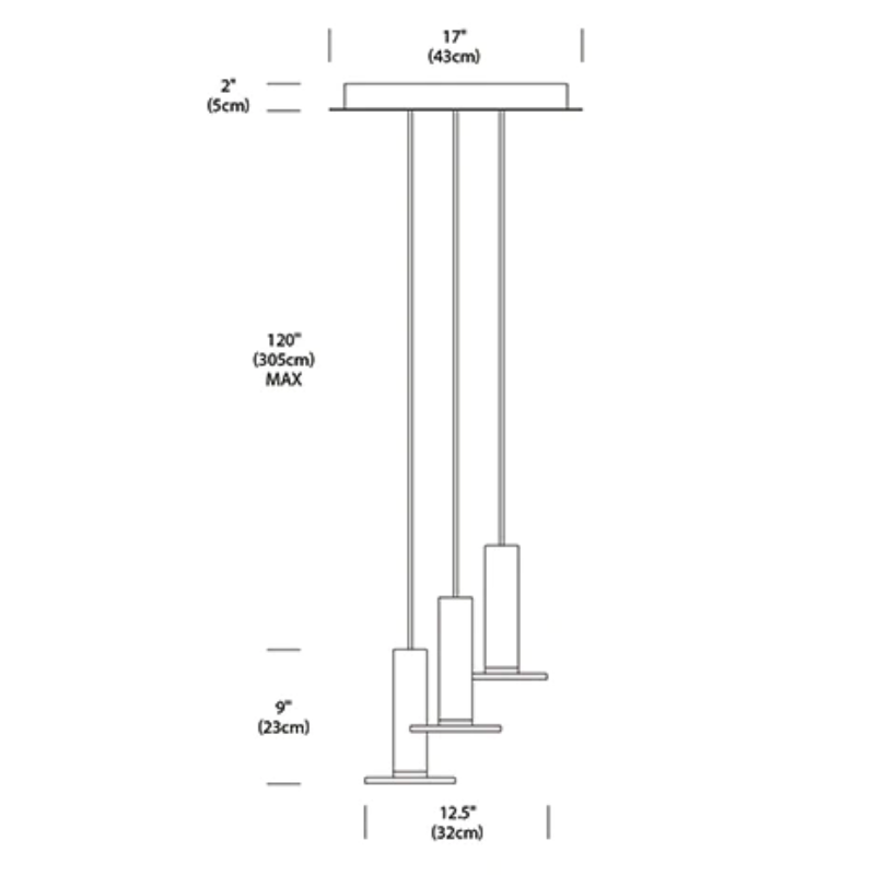 The dimensions for the Cielo Plus Chandelier from Pablo Designs with 3 pendants.