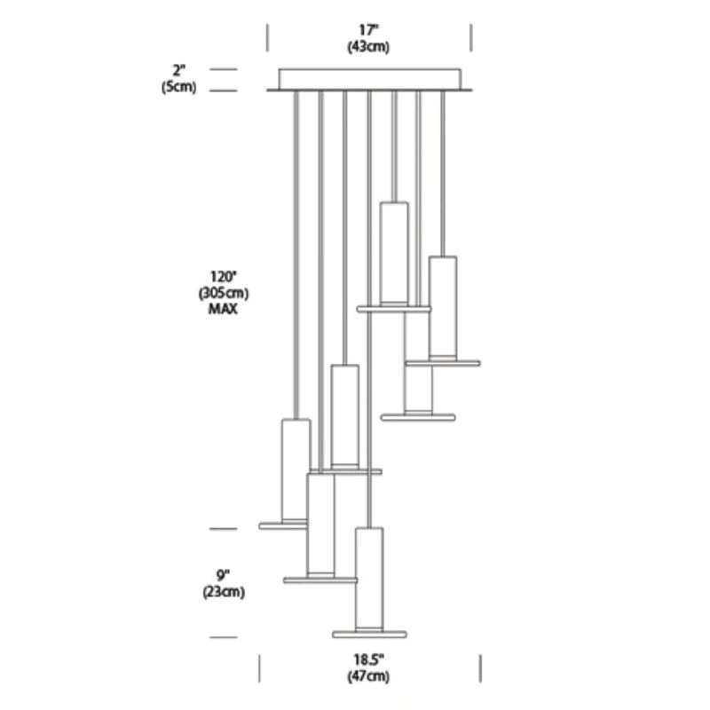 The dimensions for the Cielo Plus Chandelier from Pablo Designs with 7 pendants.