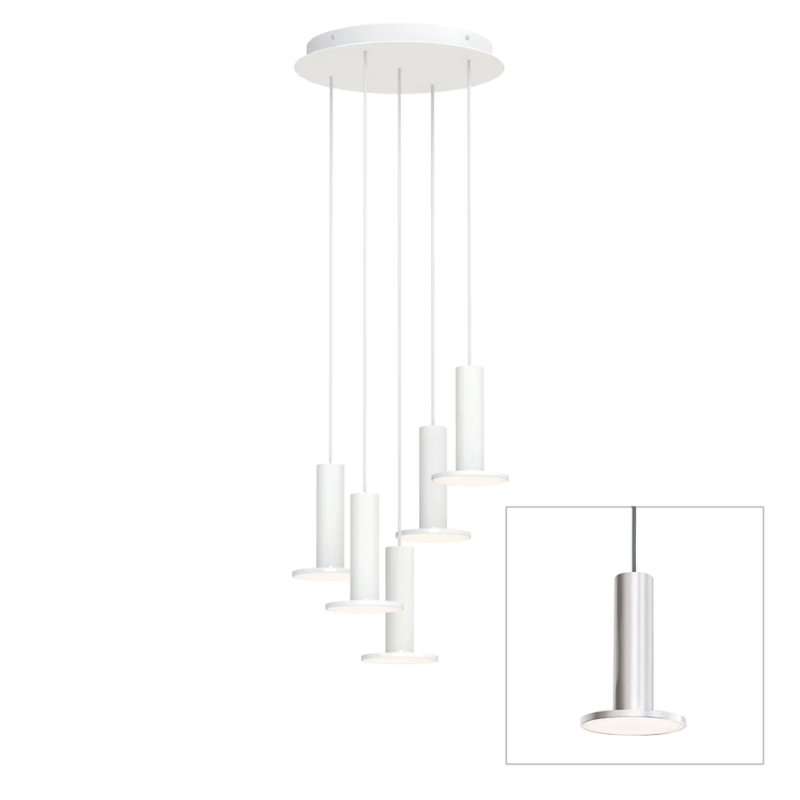 The Cielo Plus Chandelier from Pablo Designs with 5 pendants in silver.