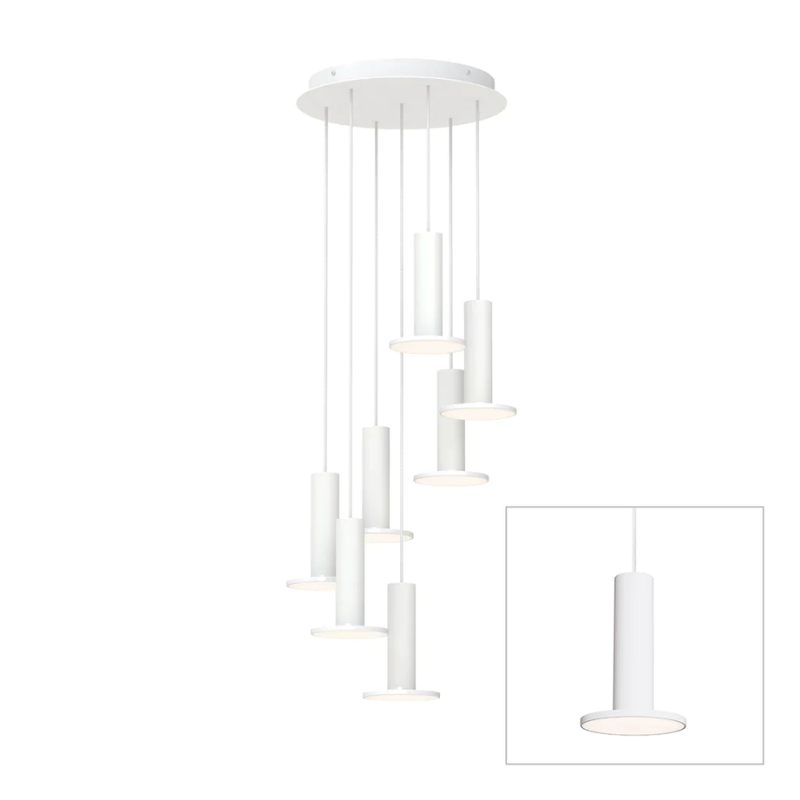The Cielo Plus Chandelier from Pablo Designs with 7 pendants in white.