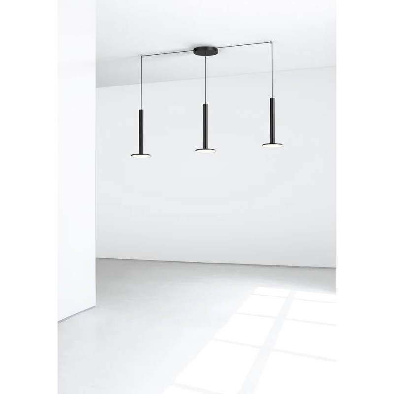 The Cielo XL Multi-Light Canopy from Pablo Designs with 3 black lamps, and the black 9 inch diameter canopy base.