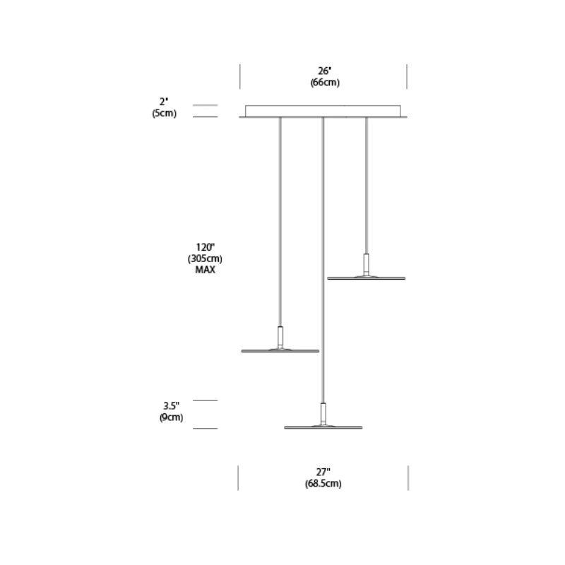 The dimensions for the Circa Chandelier from Pablo Designs with 3 pendants.