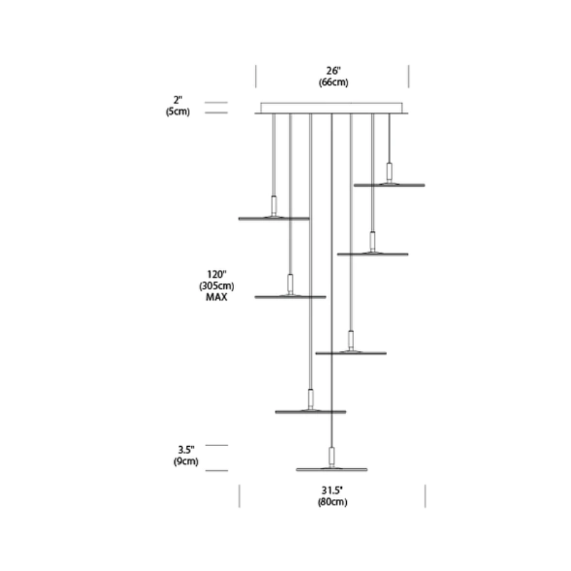 The dimensions for the Circa Chandelier from Pablo Designs with 7 pendants.