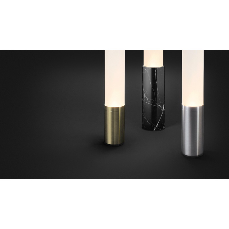 A few of the Elise Floor base finishes from Pablo Designs. On the left is the brass, the middle is the marquina black marble and on the right is the silver.