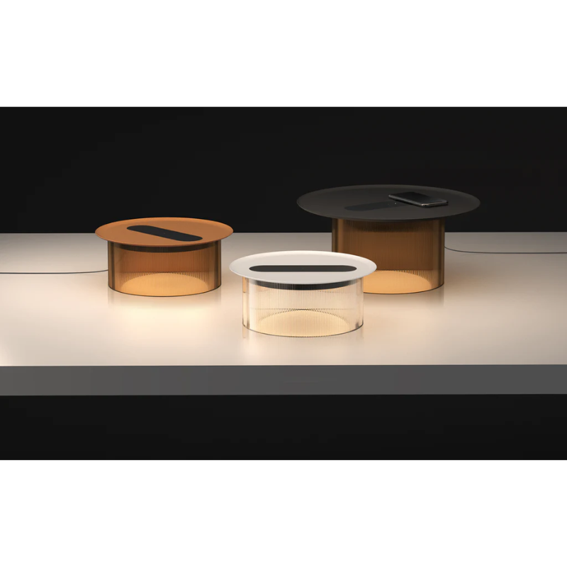 The large Carousel Table from Pablo Designs with the bronze diffuser and 16" black tray with two small Carousel Tables.