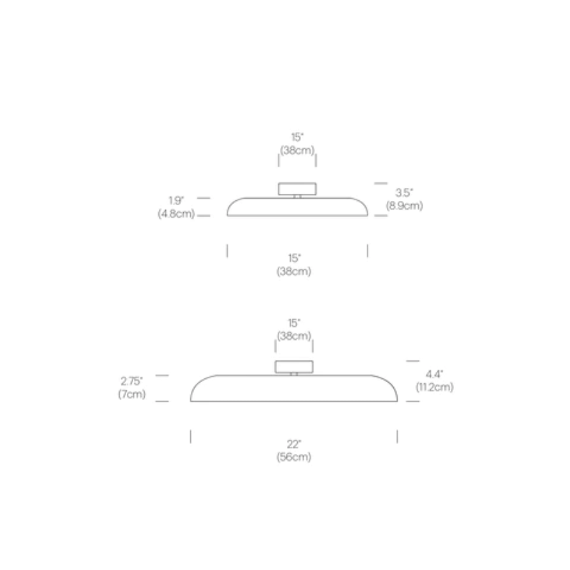 The dimensions of the 15 inch and 22 inch Nivél Flush from Pablo Designs.