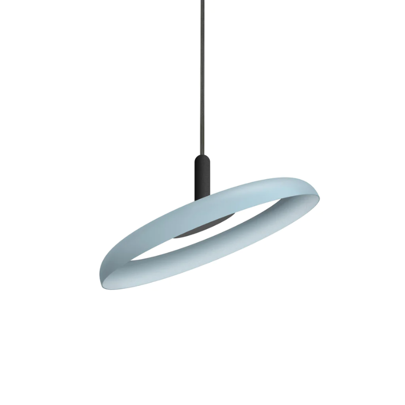 The 15" (small) Nivél Pendant from Pablo Designs with the black cord and slate blue shade.