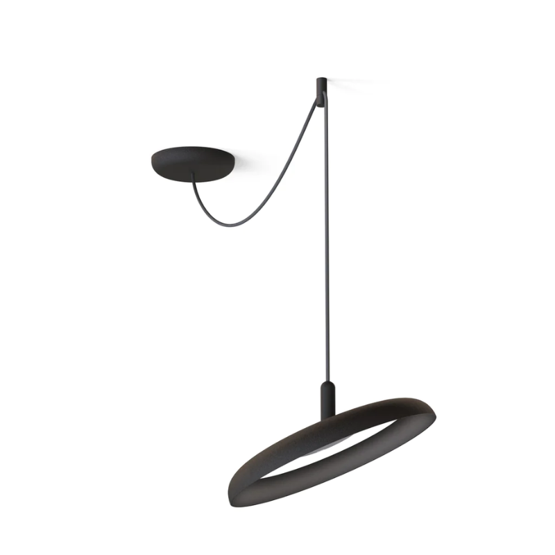 The black shade, black cord Nivél Pendant from Pablo Designs in a new angle.