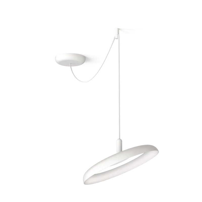 The white shade, white cord option of the Nivél Pendant from Pablo Designs from a new angle showing the adjustable pendant.