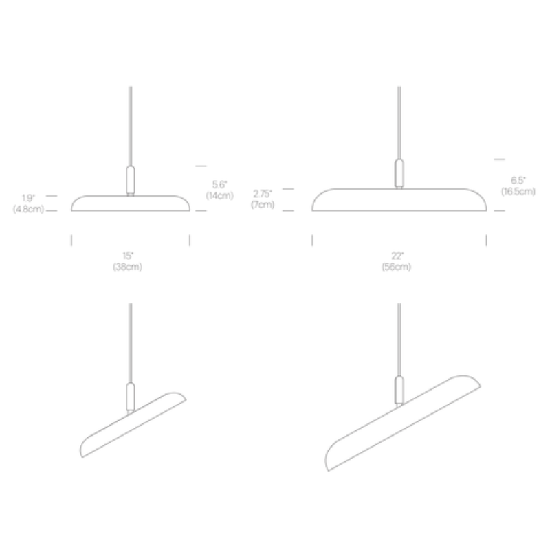 The dimensions for both the 15" and 22" Nivél Pendant from Pablo Designs.