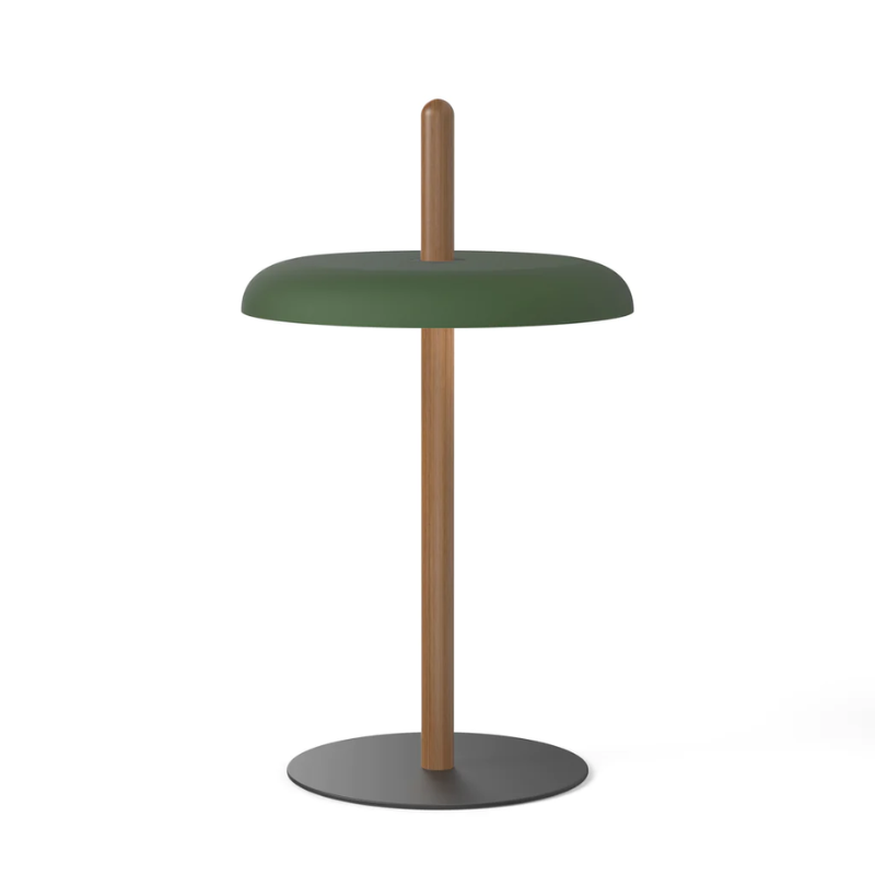 The Nivél Table from Pablo Designs with an walnut post and forest shade.