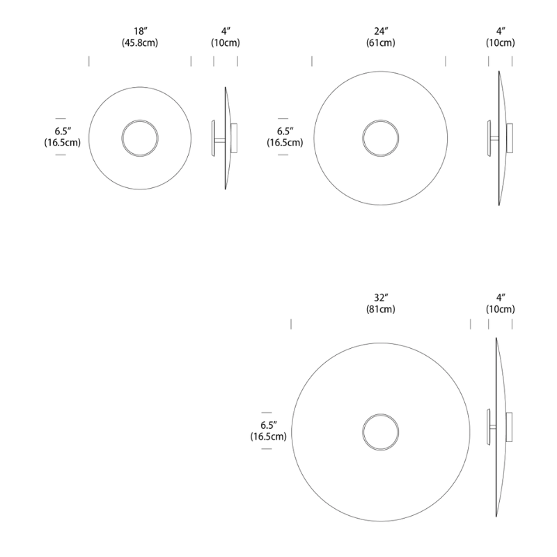 The dimensions for the 18", 24" and 32" Sky Dome Flush Metal from Pablo Designs.