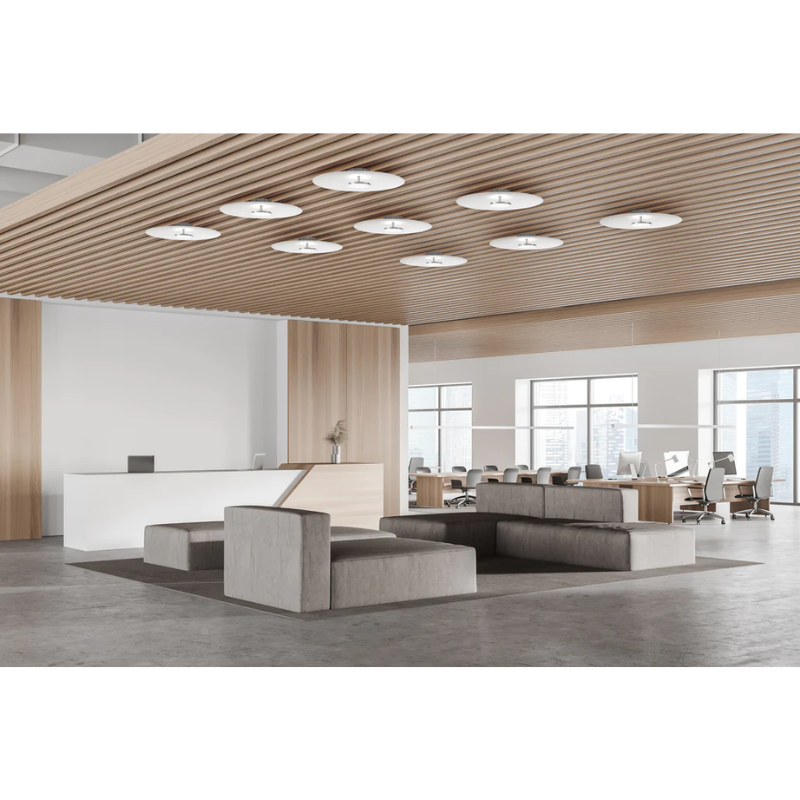 Nine of the Sky Dome Flush Metal from Pablo Designs in a large open space office.