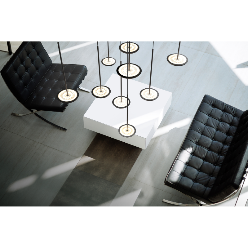 The Sky Collection was inspired as a modular pendant lighting system and Sky Solo is its core foundational element. Its minimal all-aluminum design highlights a powerful two-sided flat panel light source with Dim to Warm LED technology that can deliver up to 1250 lumens of warm ambient light in all directions.