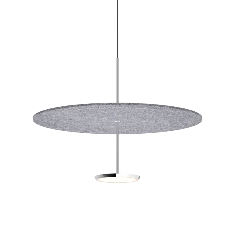 The 24 inch Sky Sound from Pablo Designs with the polished aluminum lamp finish and stone grey felt dome.