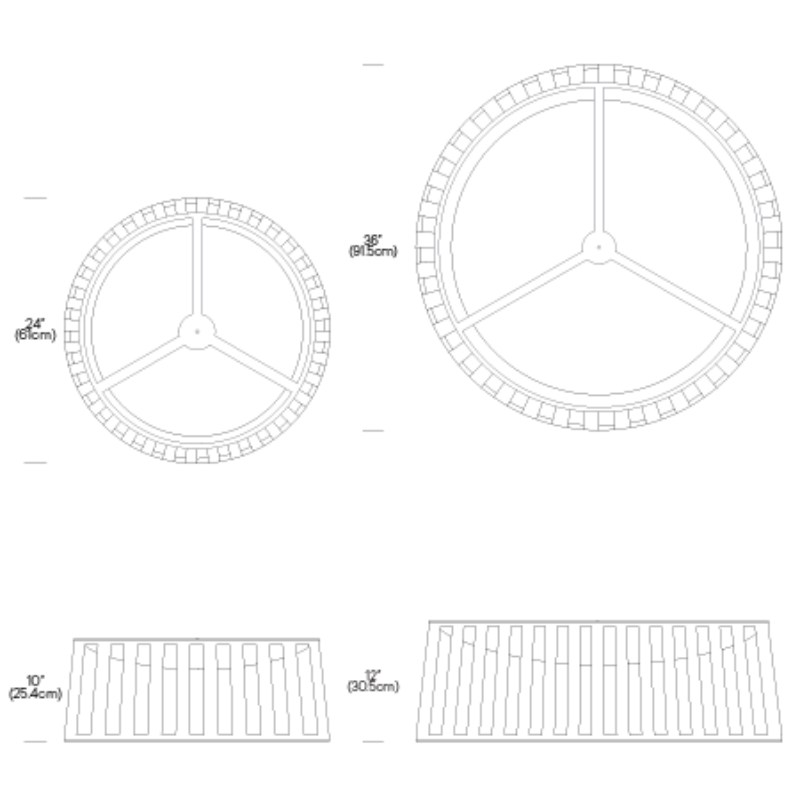 The dimensions for the 24 inch and 36 inch Solis Drum Flush from Pablo Designs.