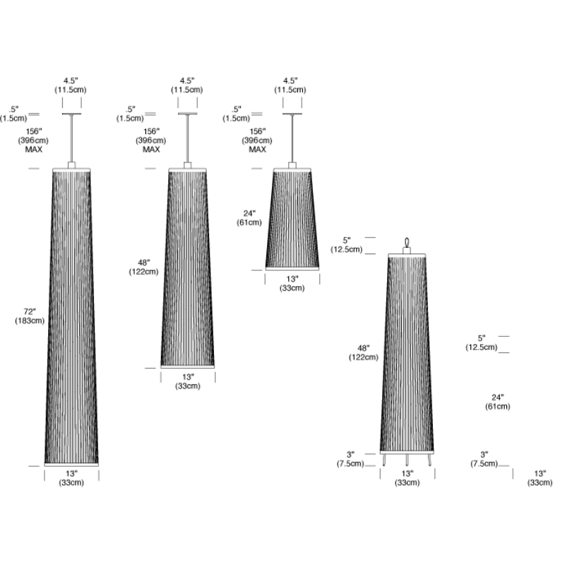 The dimensions for the 24 inch, 48 inch and 72 inch Solis Pendant from Pablo Designs.