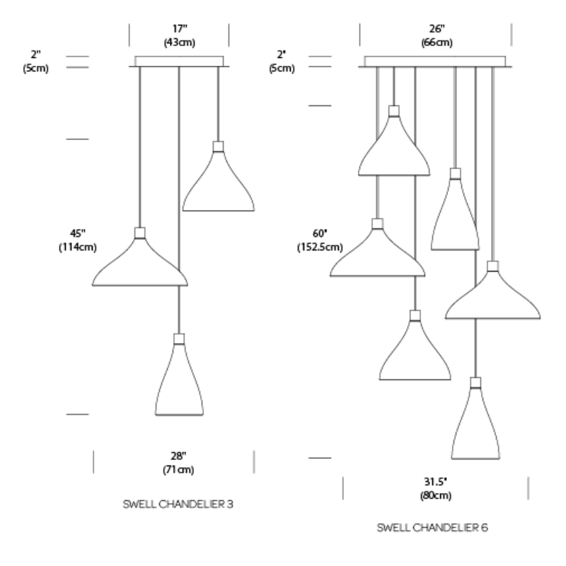 The dimensions for the 3 pendant and 6 pendant style of the Swell Chandelier from Pablo Designs.
