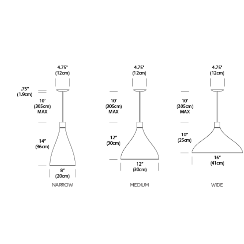 The dimensions for the narrow, medium and wide Swell Single pendant from Pablo Designs.
