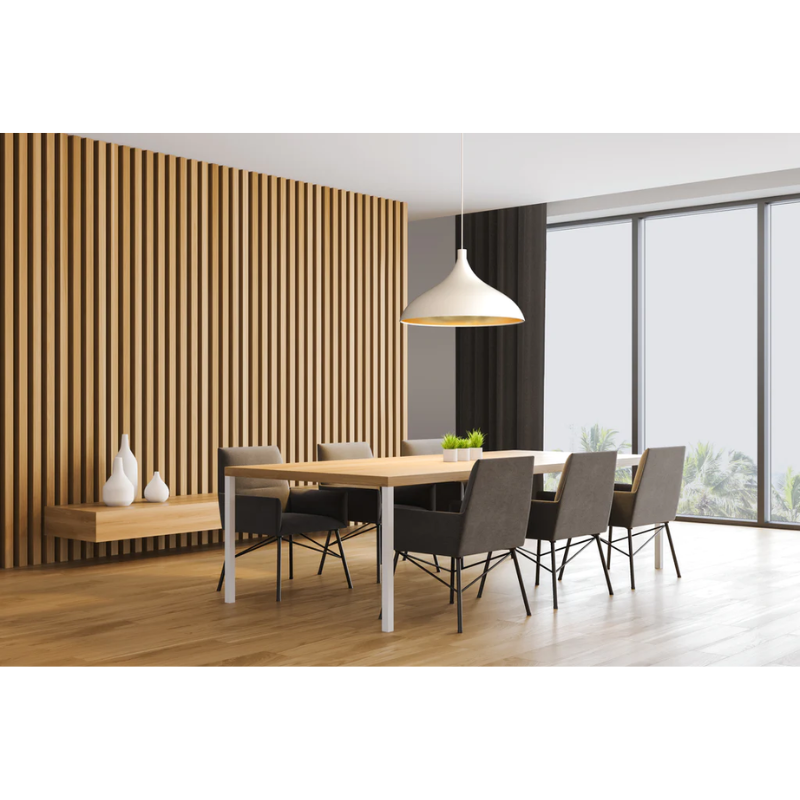 The Swell XL Single from Pablo Designs above a dining room table in an open space dining room.