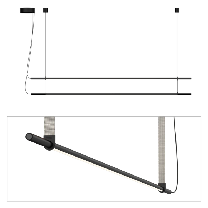 The T.O Pendant 2 Stack from Pablo Designs with the matte black light and light grey belt.