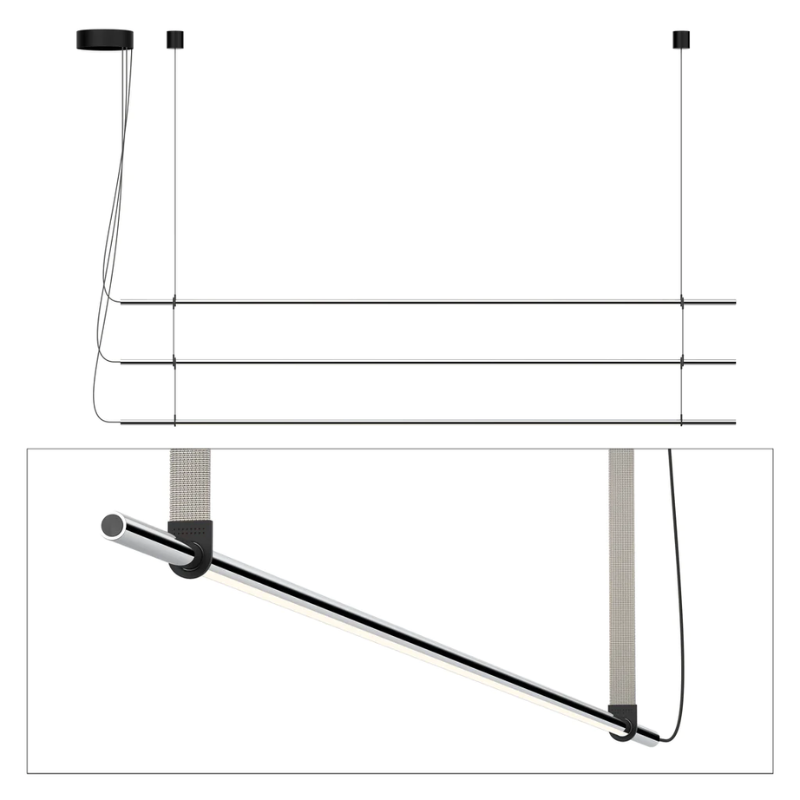 The T.O Pendant 3 Stack from Pablo Designs with the chrome light and light grey belt.