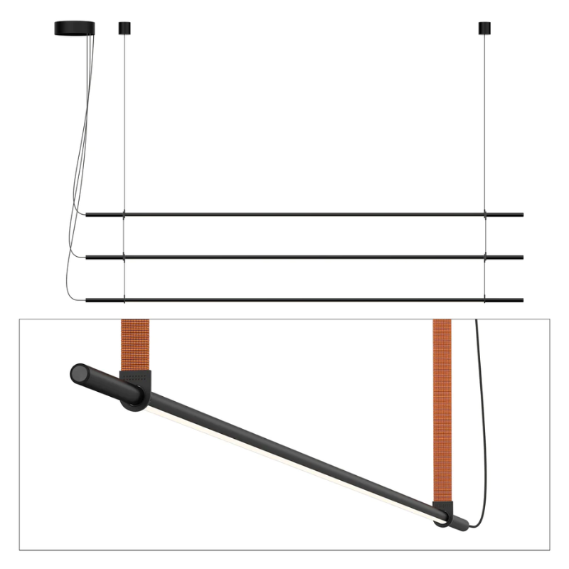 The T.O Pendant 3 Stack from Pablo Designs with the matte black light and burnt orange belt.